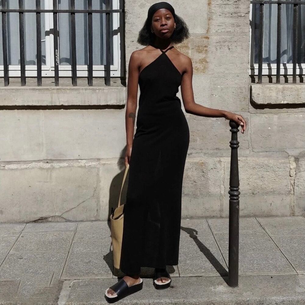 St Agni | The Knit Halter Dress in Black Tencel Maxi L